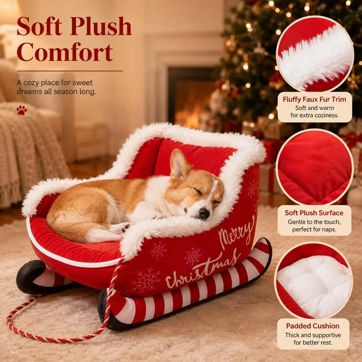 Christmas Dog Sleigh Bed With Plush Calming Raised Sides