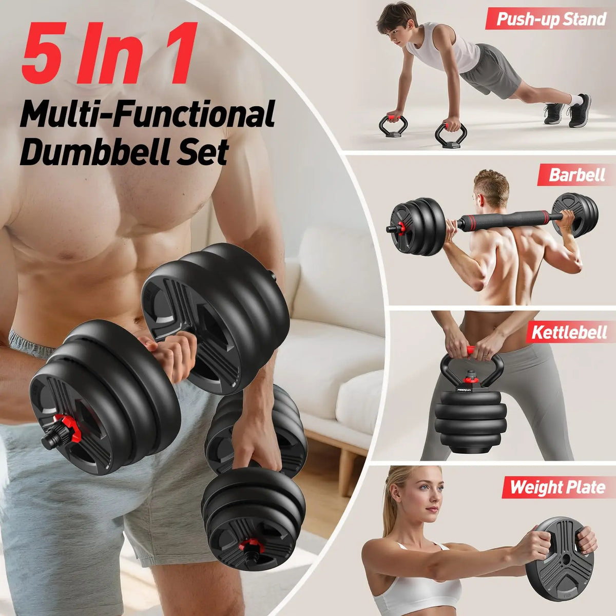 FED Fitness Adjustable 5 In 1 Dumbbell Barbell Kettlebell Set