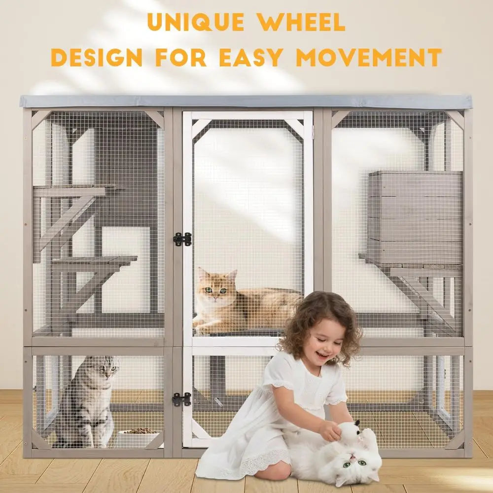 Outdoor Cat Catio Enclosure With Platforms And Resting Boxes