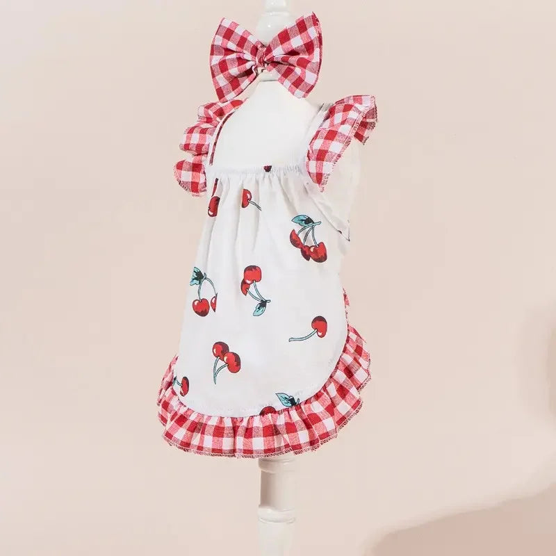 Printed Pet Princess Dress With Bow And Elastic Mesh Design