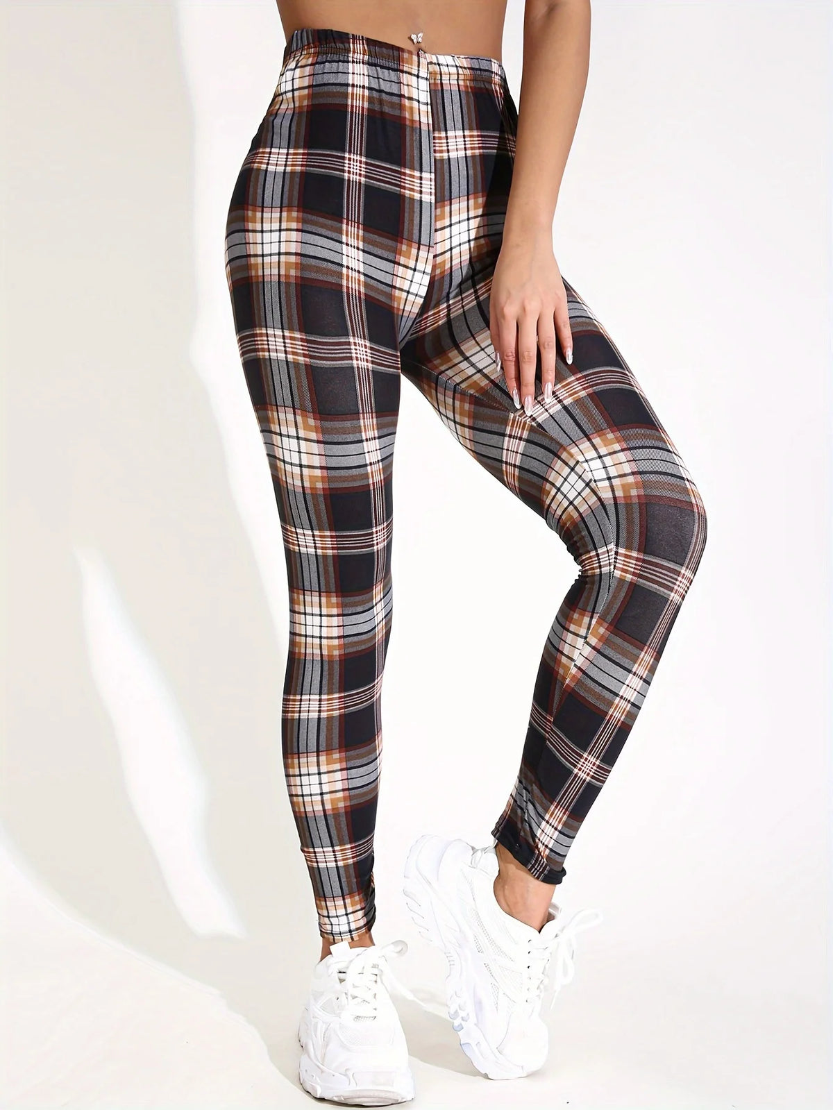 Women's High Waisted Plaid Yoga Leggings With Utility Pockets