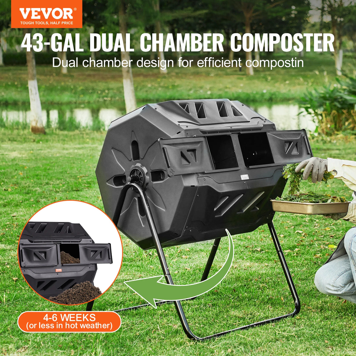 SucceBuy Dual Chamber Tumbling Compost Bin for Garden Composting