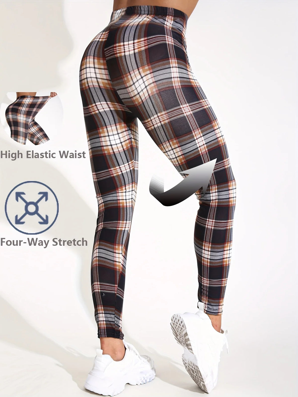 Women's High Waisted Plaid Yoga Leggings With Utility Pockets