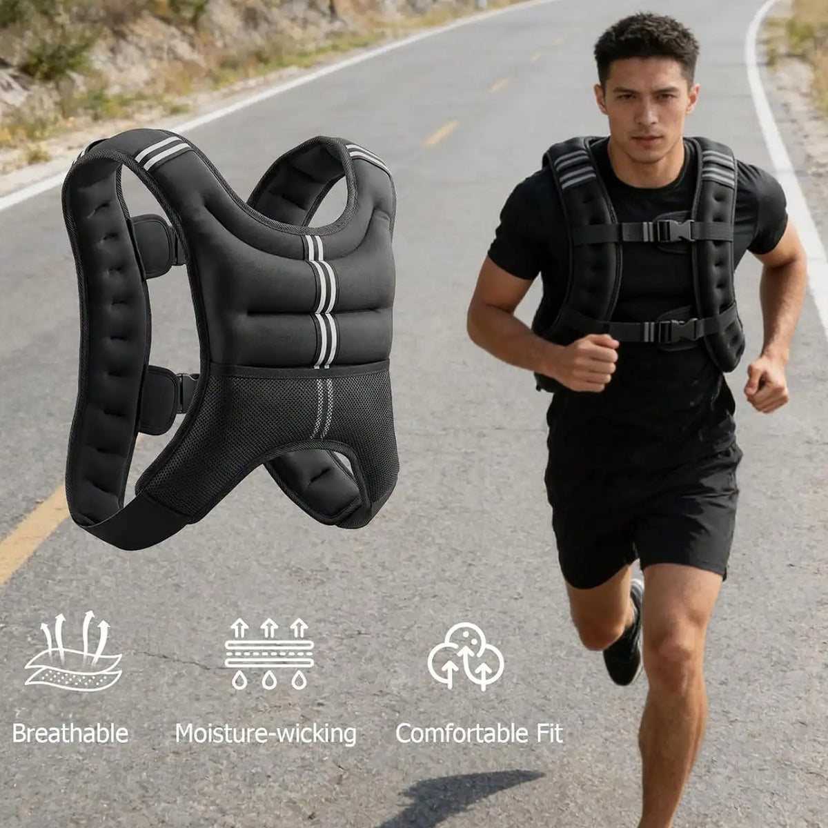 Weighted Training Vest With Buckles, Phone Pocket And Reflective Stripe