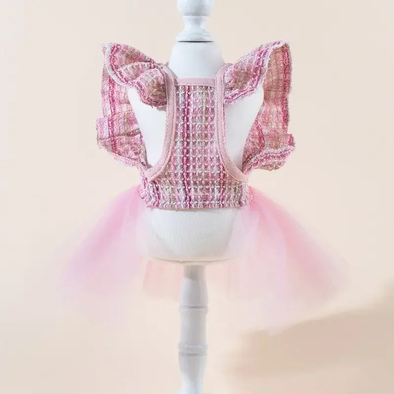 Cute Printed Pet Dress With Bow And Elastic Mesh Skirt