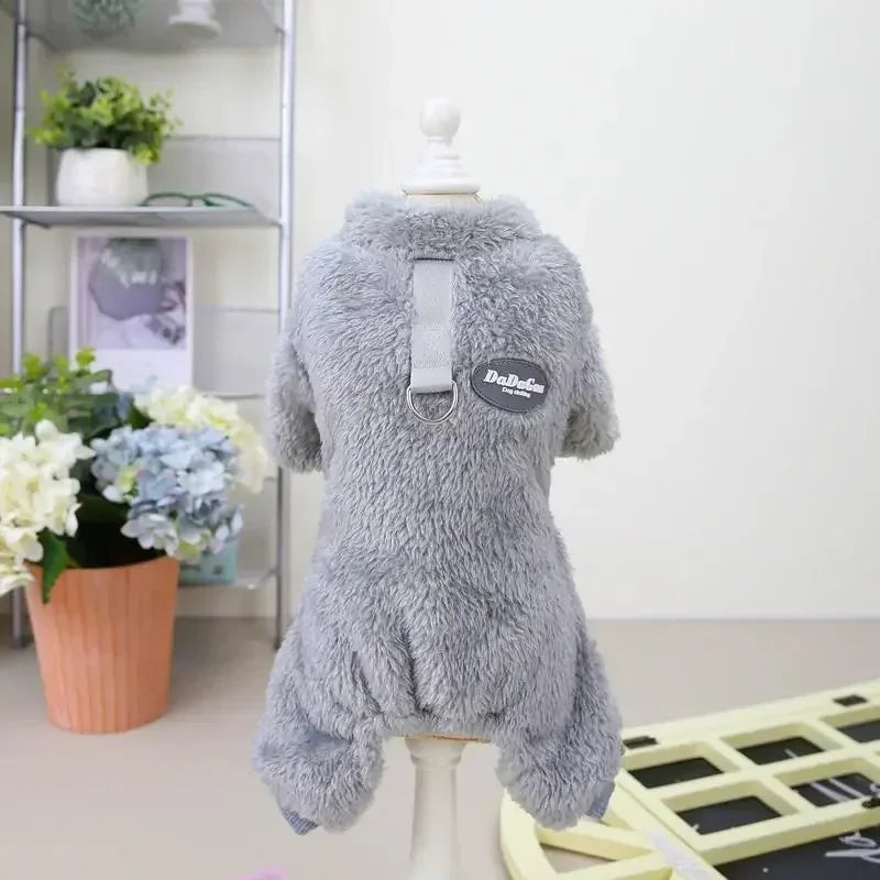 Warm Fleece Dog Jumpsuit With Pull Ring Pet Apparel