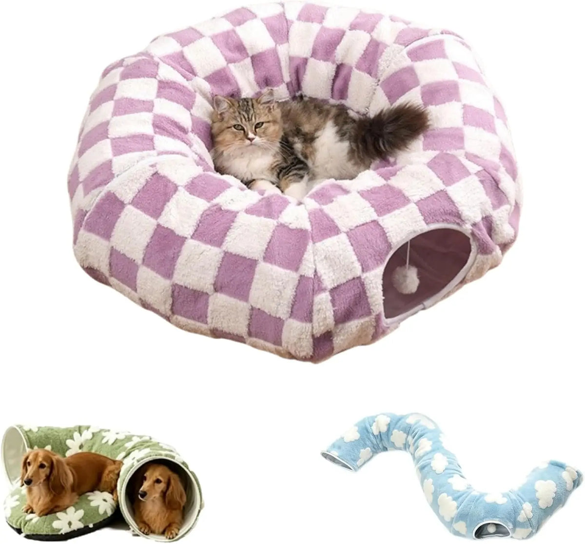 Flower Plush Dachshund Tunnel Bed With Foldable Pet Sofa