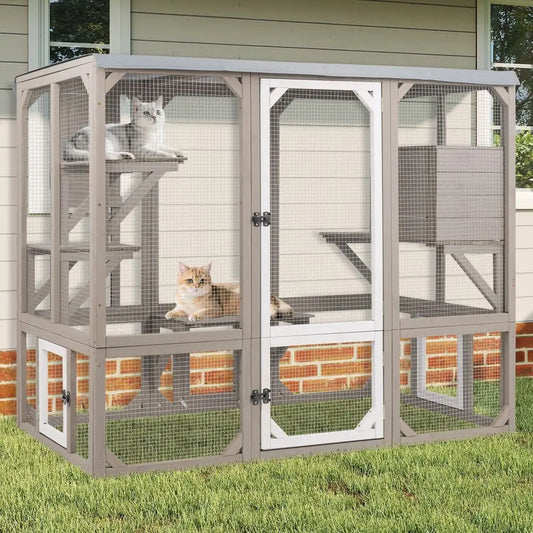 Outdoor Cat Catio Enclosure With Platforms And Resting Boxes