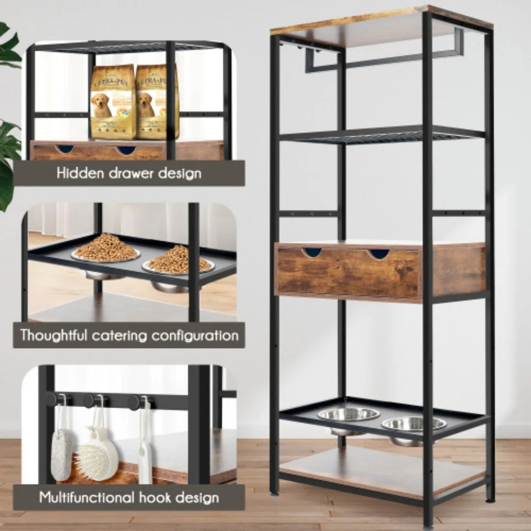 Adjustable Elevated Dog Feeding Station With Storage And Bowls