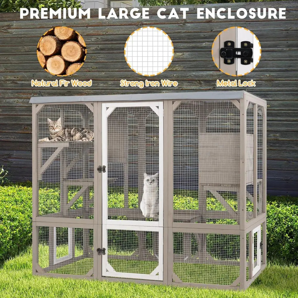 Outdoor Cat Catio Enclosure With Platforms And Resting Boxes