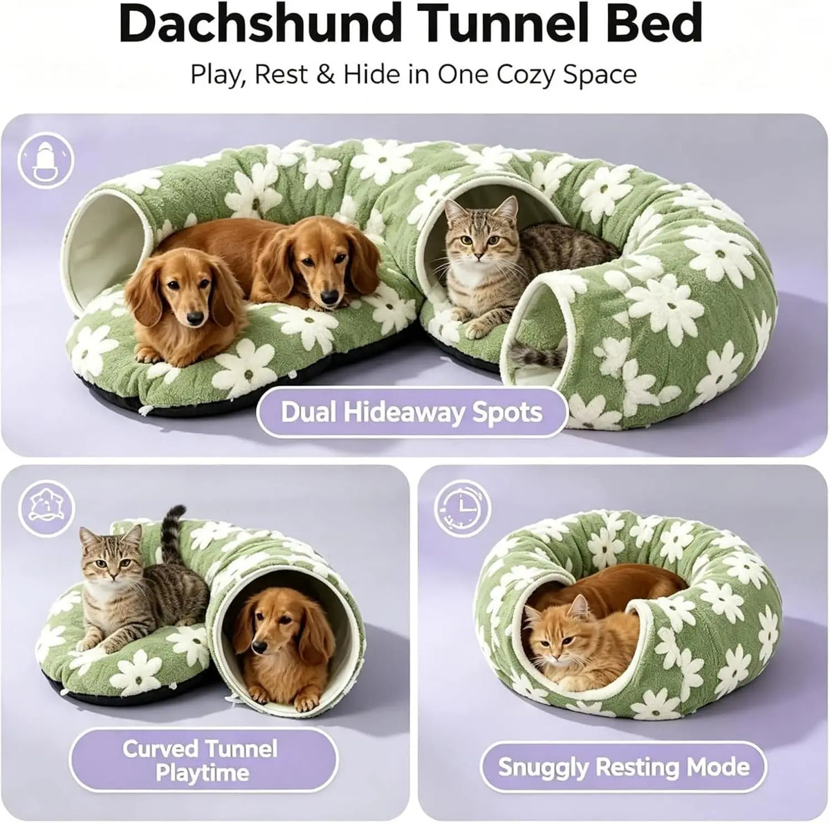 Flower Plush Dachshund Tunnel Bed With Foldable Pet Sofa