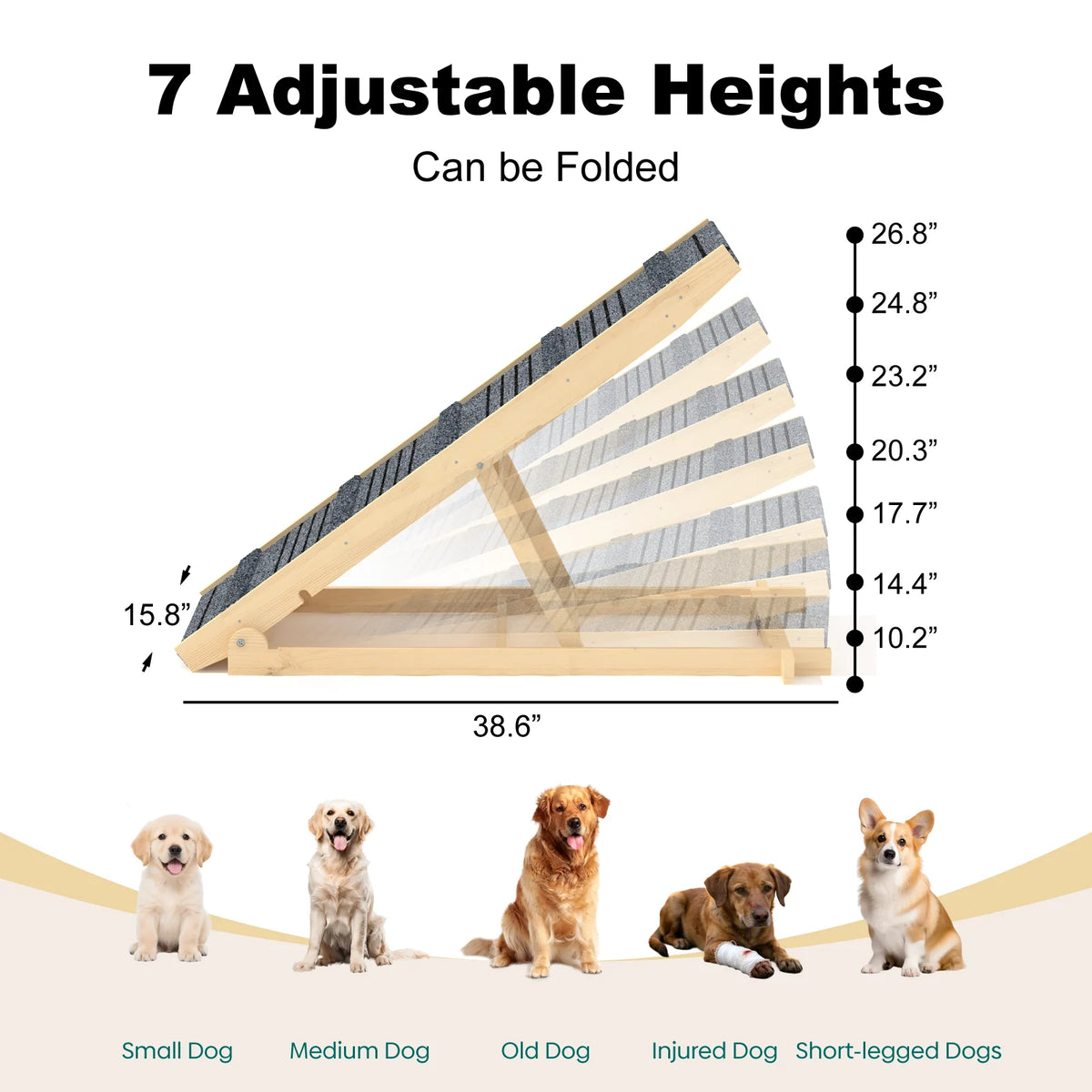 EVOKEDEN Adjustable Wood Folding Pet Ramp For Beds And Furniture