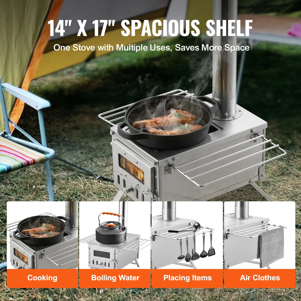 SucceBuy Stainless Steel Camping Wood Stove With Chimney Pipes