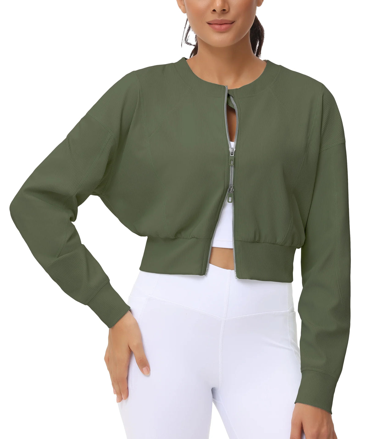 THE GYM PEOPLE Women's Cropped Full Zip Ribbed Workout Jacket