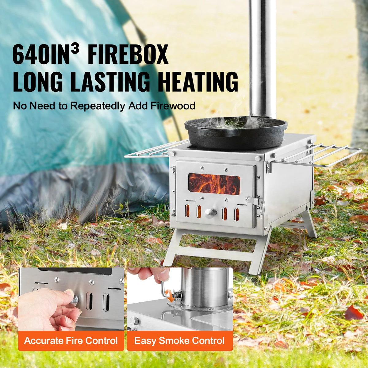 SucceBuy Stainless Steel Camping Wood Stove With Chimney Pipes