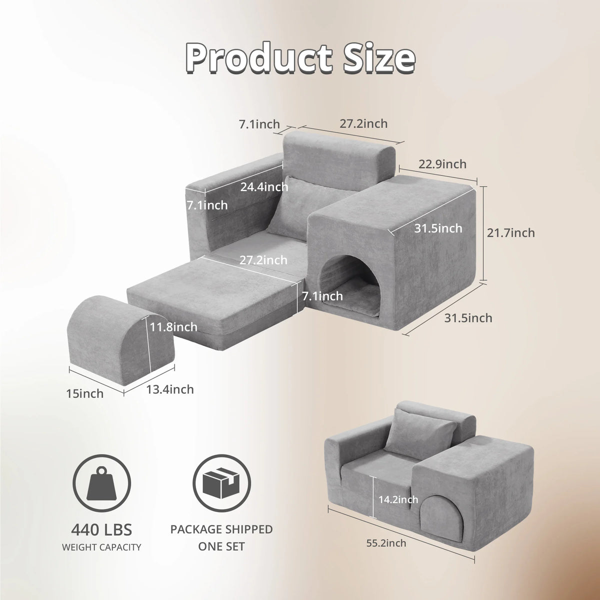 5-in-1 No Assembly Pet Friendly Sofa Bed with Ottoman