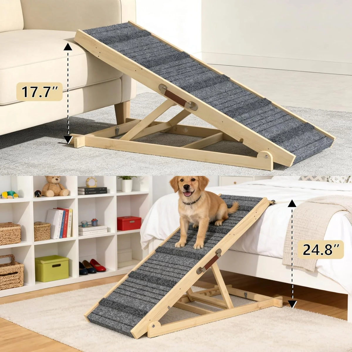 EVOKEDEN Adjustable Wood Folding Pet Ramp For Beds And Furniture