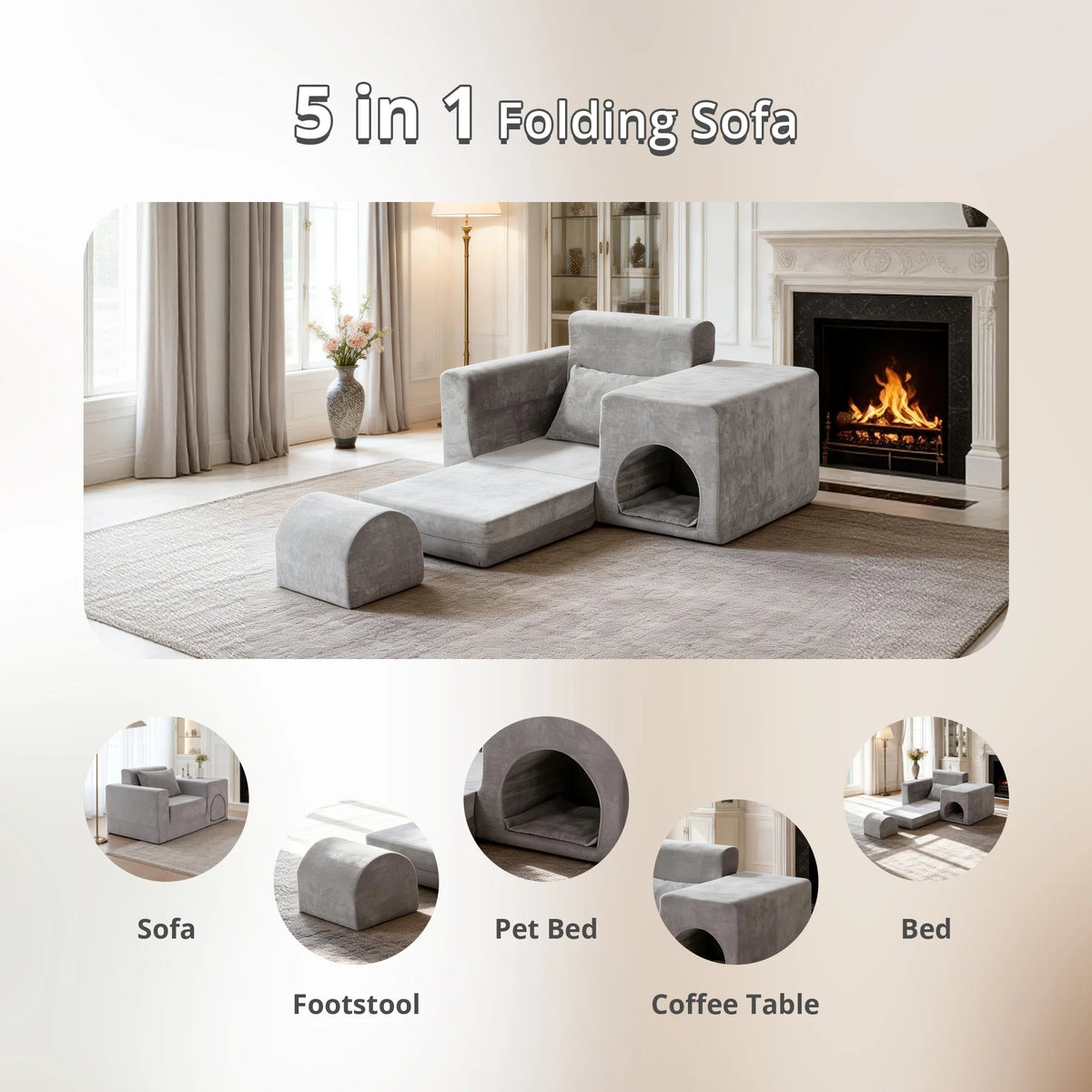 5-in-1 No Assembly Pet Friendly Sofa Bed with Ottoman