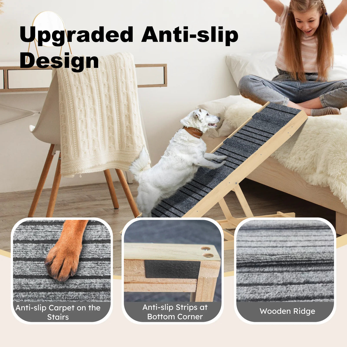 EVOKEDEN Adjustable Wood Folding Pet Ramp For Beds And Furniture