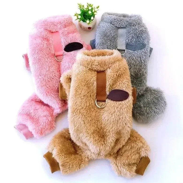 Warm Fleece Dog Jumpsuit With Pull Ring Pet Apparel