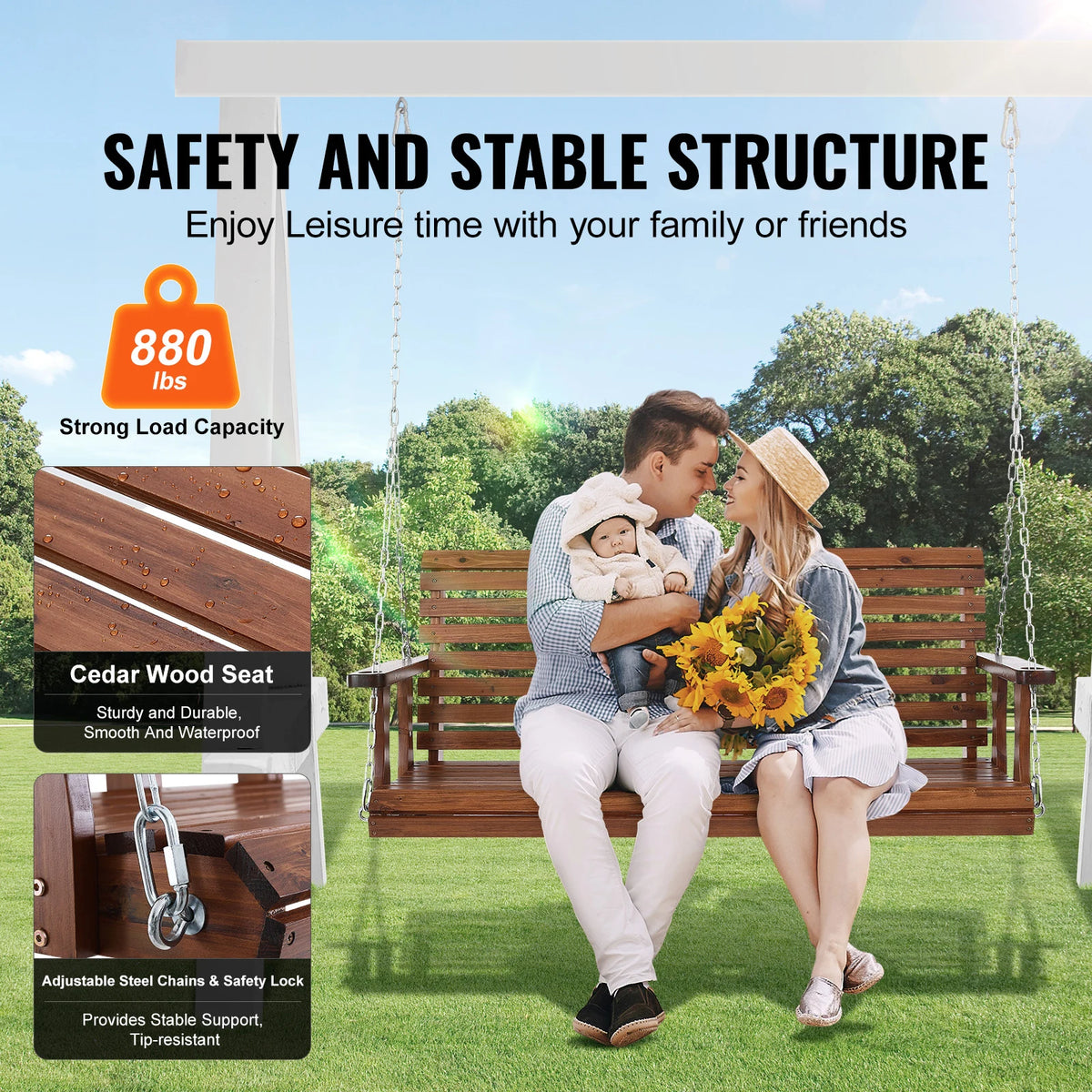 SucceBuy Cedar Wood Outdoor Porch Swing Bench With Steel Chains