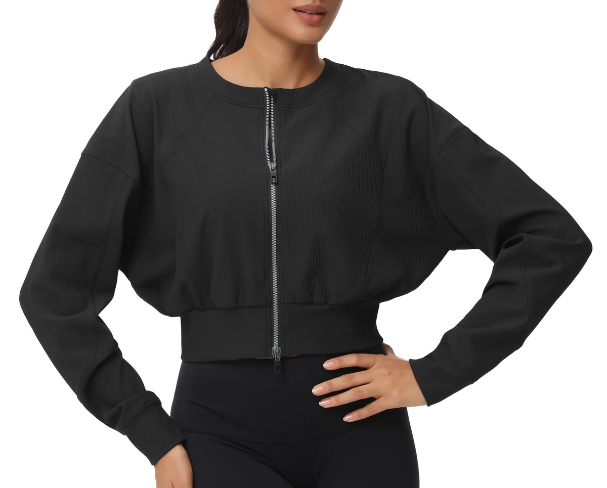THE GYM PEOPLE Women's Cropped Full Zip Ribbed Workout Jacket