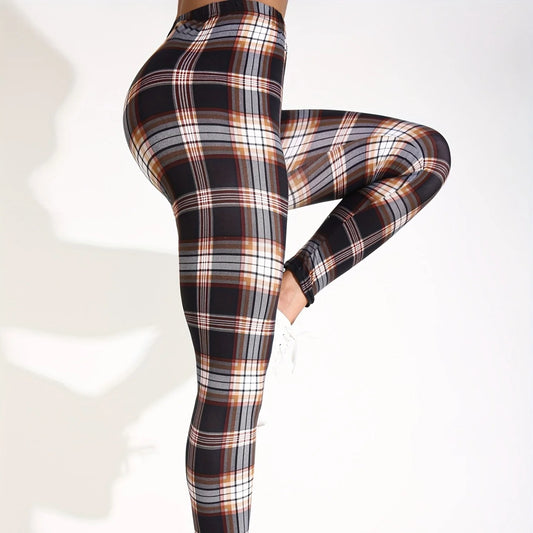 Women's High Waisted Plaid Yoga Leggings With Utility Pockets