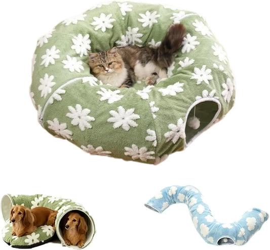 Flower Plush Dachshund Tunnel Bed With Foldable Pet Sofa