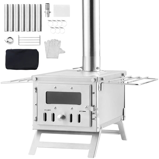 SucceBuy Stainless Steel Camping Wood Stove With Chimney Pipes