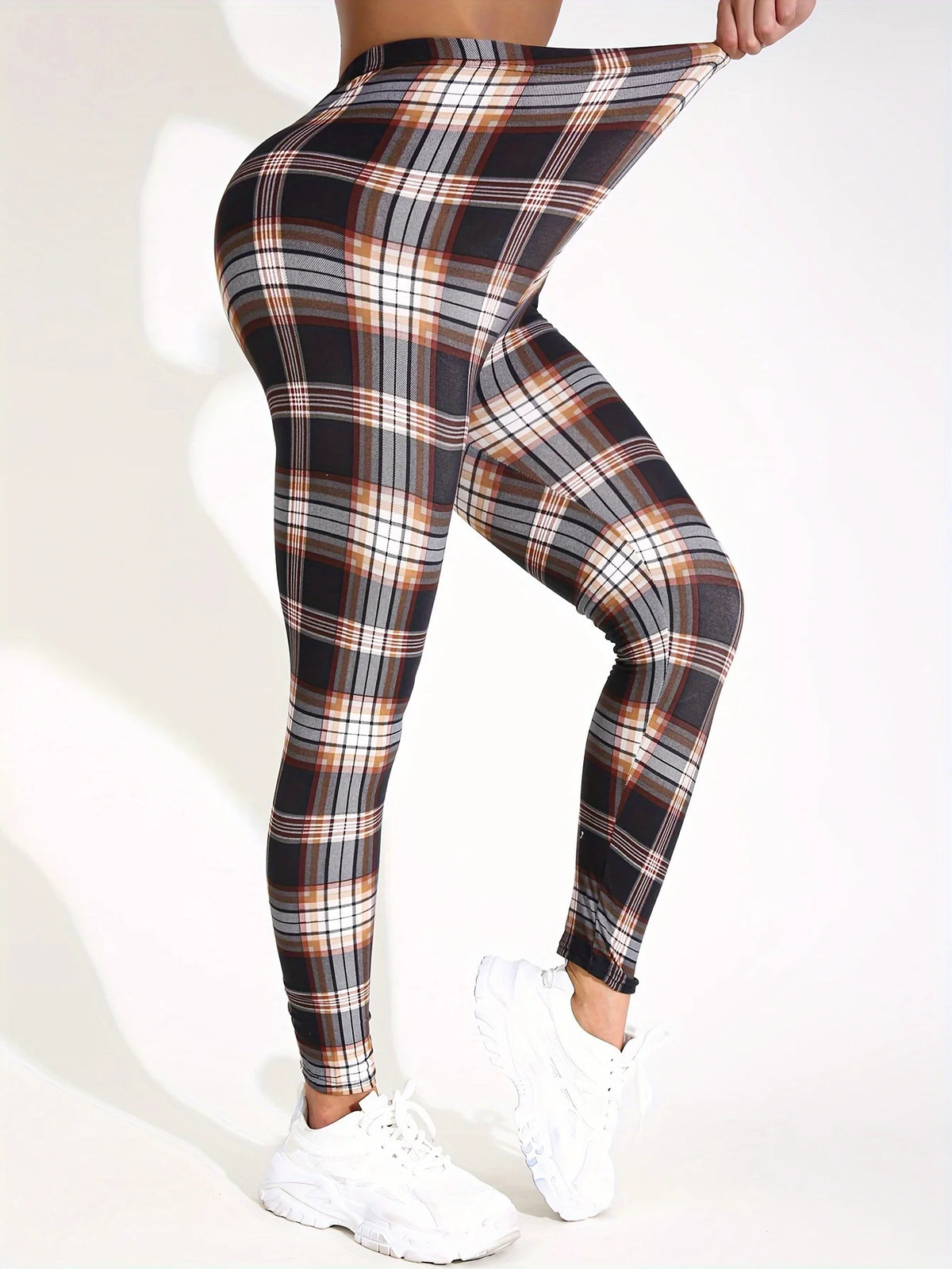 Women's High Waisted Plaid Yoga Leggings With Utility Pockets