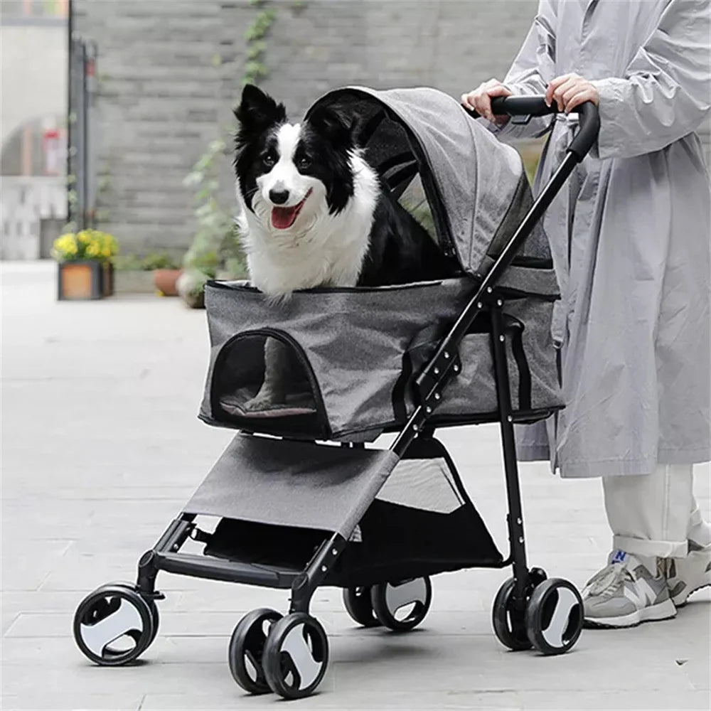 Foldable Pet Stroller With 360 Degree Wheels And Rain Cover