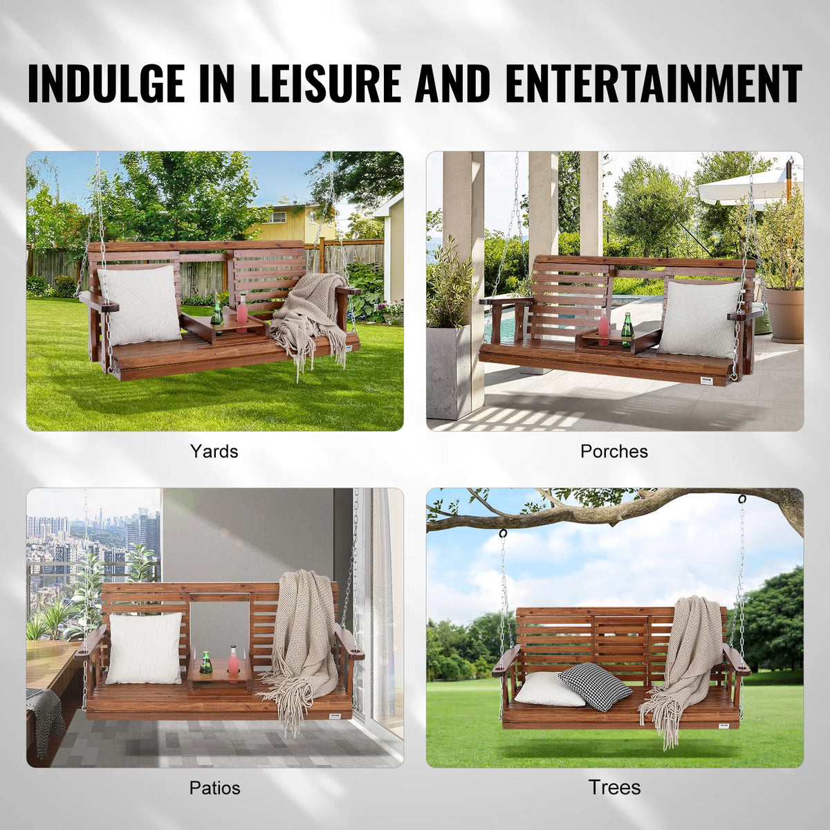 SucceBuy Cedar Wood Outdoor Porch Swing Bench With Steel Chains