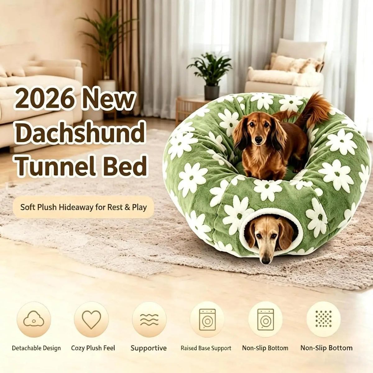 Flower Plush Dachshund Tunnel Bed With Foldable Pet Sofa