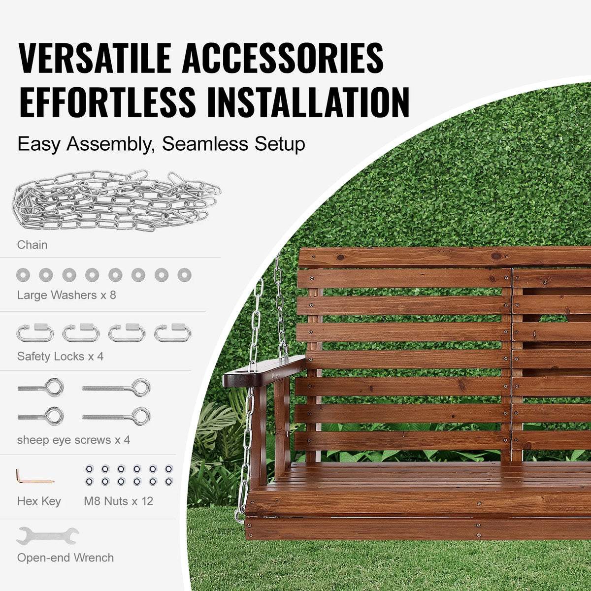 SucceBuy Cedar Wood Outdoor Porch Swing Bench With Steel Chains