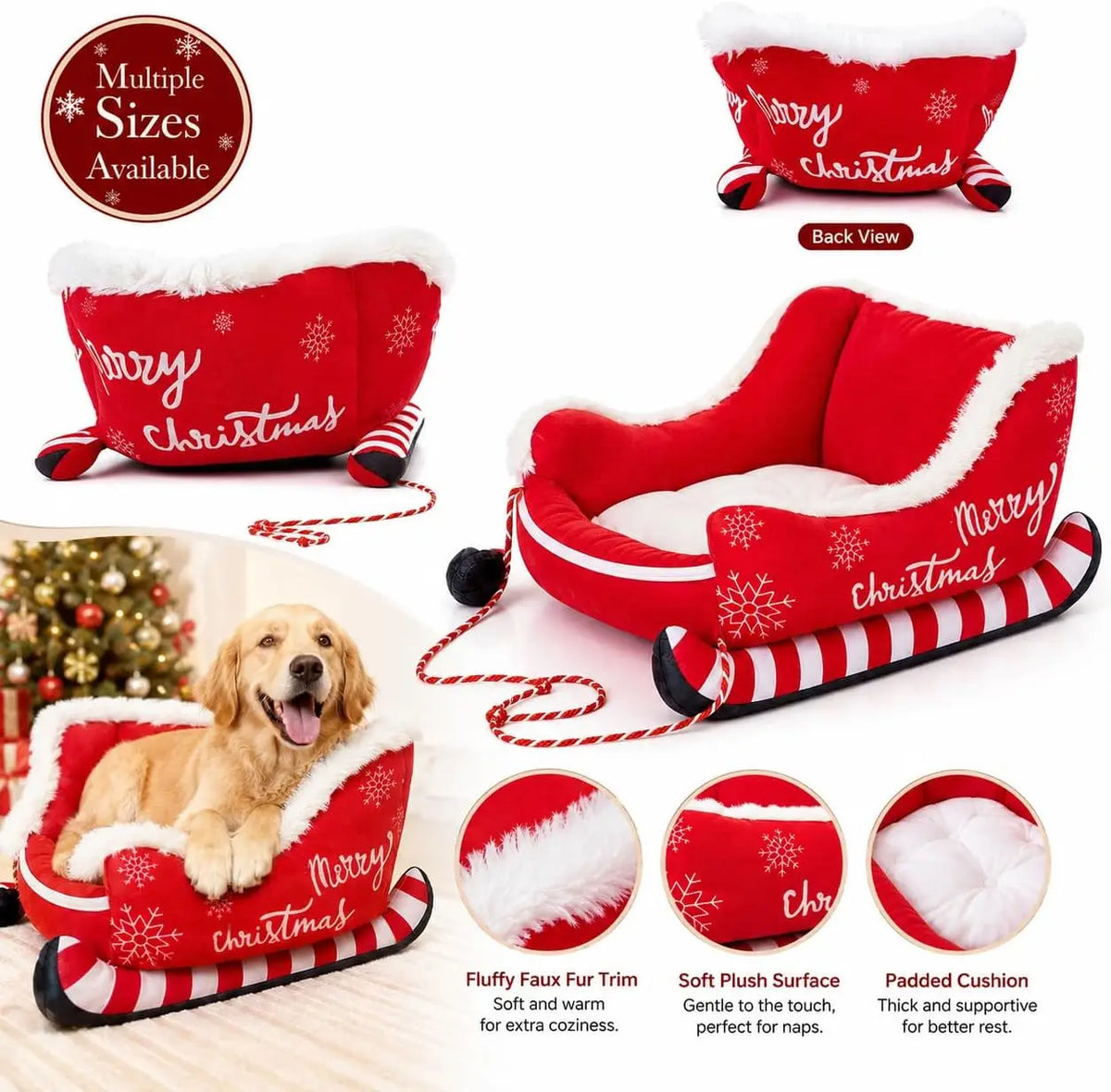 Christmas Dog Sleigh Bed With Plush Calming Raised Sides