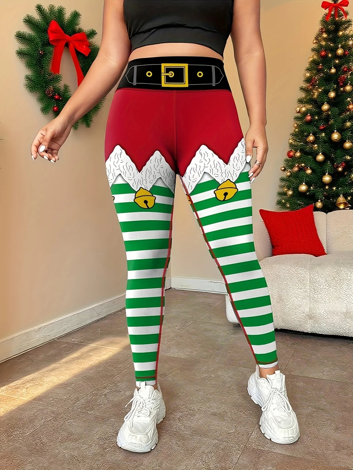 Women's Christmas Elf Print High Waist Yoga Leggings
