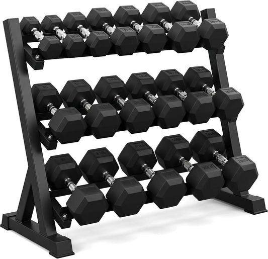 Home Gym Rubber Encased Hex Dumbbell Set With Storage Rack