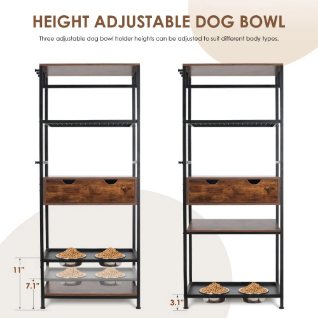 Adjustable Elevated Dog Feeding Station With Storage And Bowls
