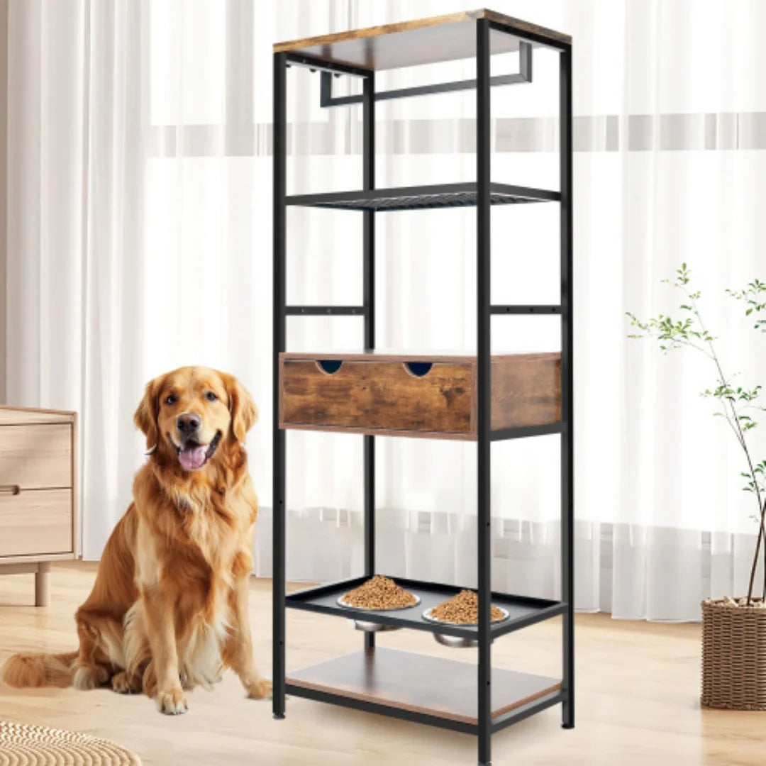 Adjustable Elevated Dog Feeding Station With Storage And Bowls