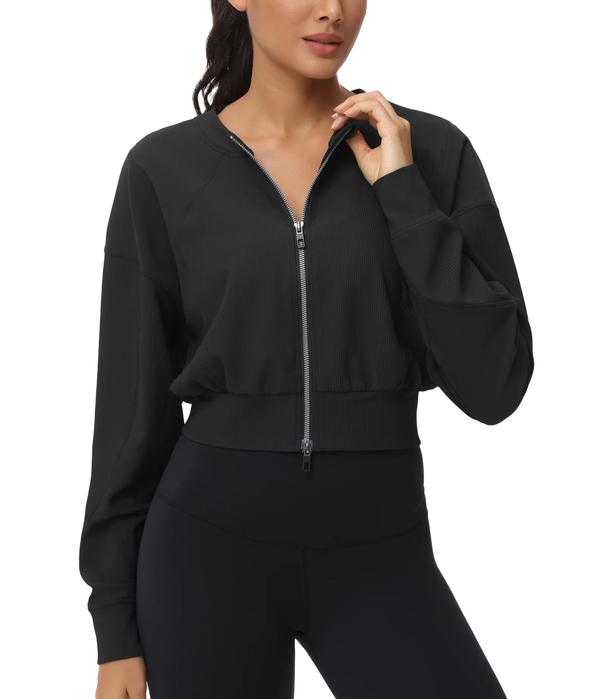 THE GYM PEOPLE Women's Cropped Full Zip Ribbed Workout Jacket