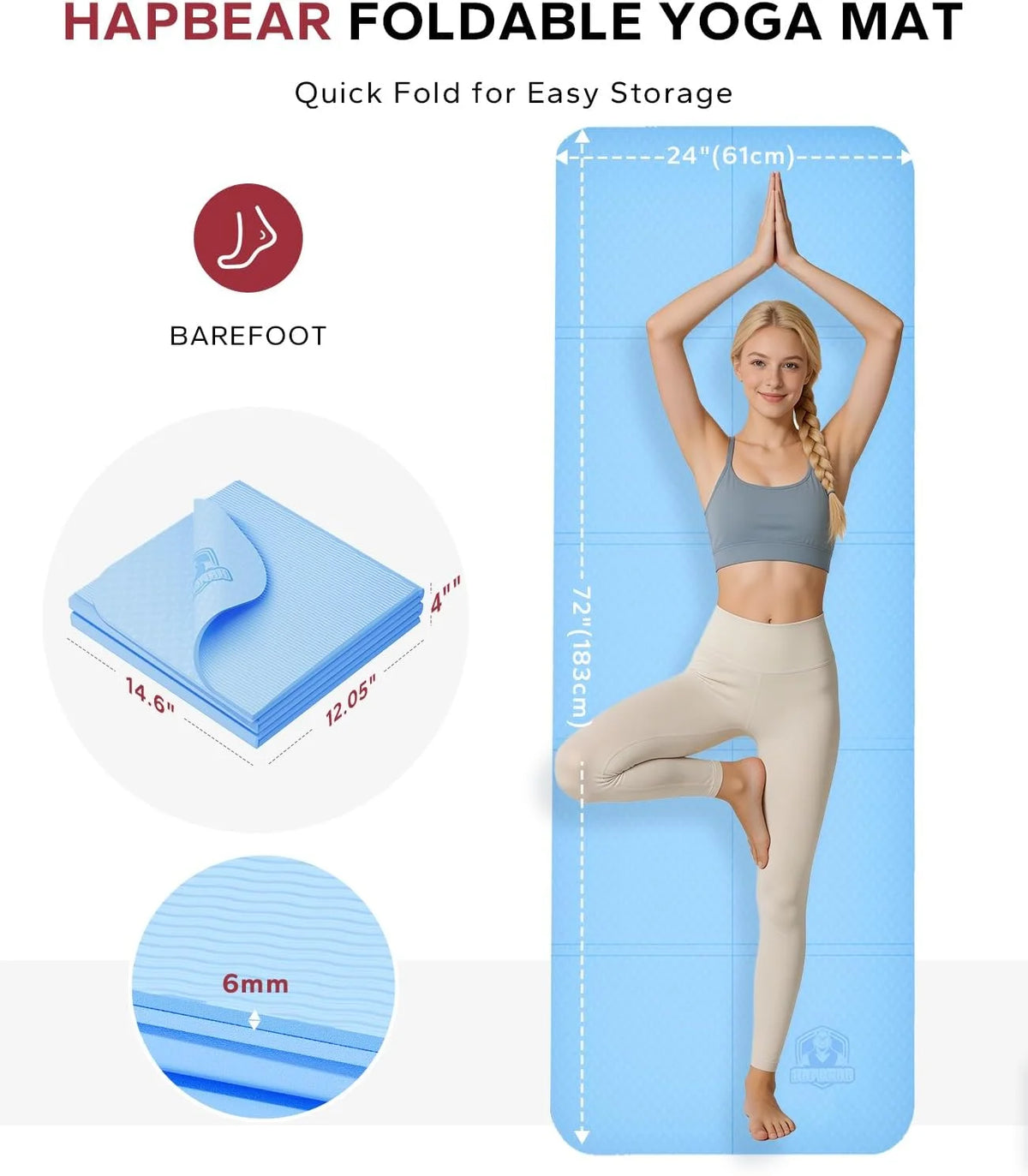 HAPBEAR Foldable TPE Yoga Mat Non Slip Portable Travel Fitness