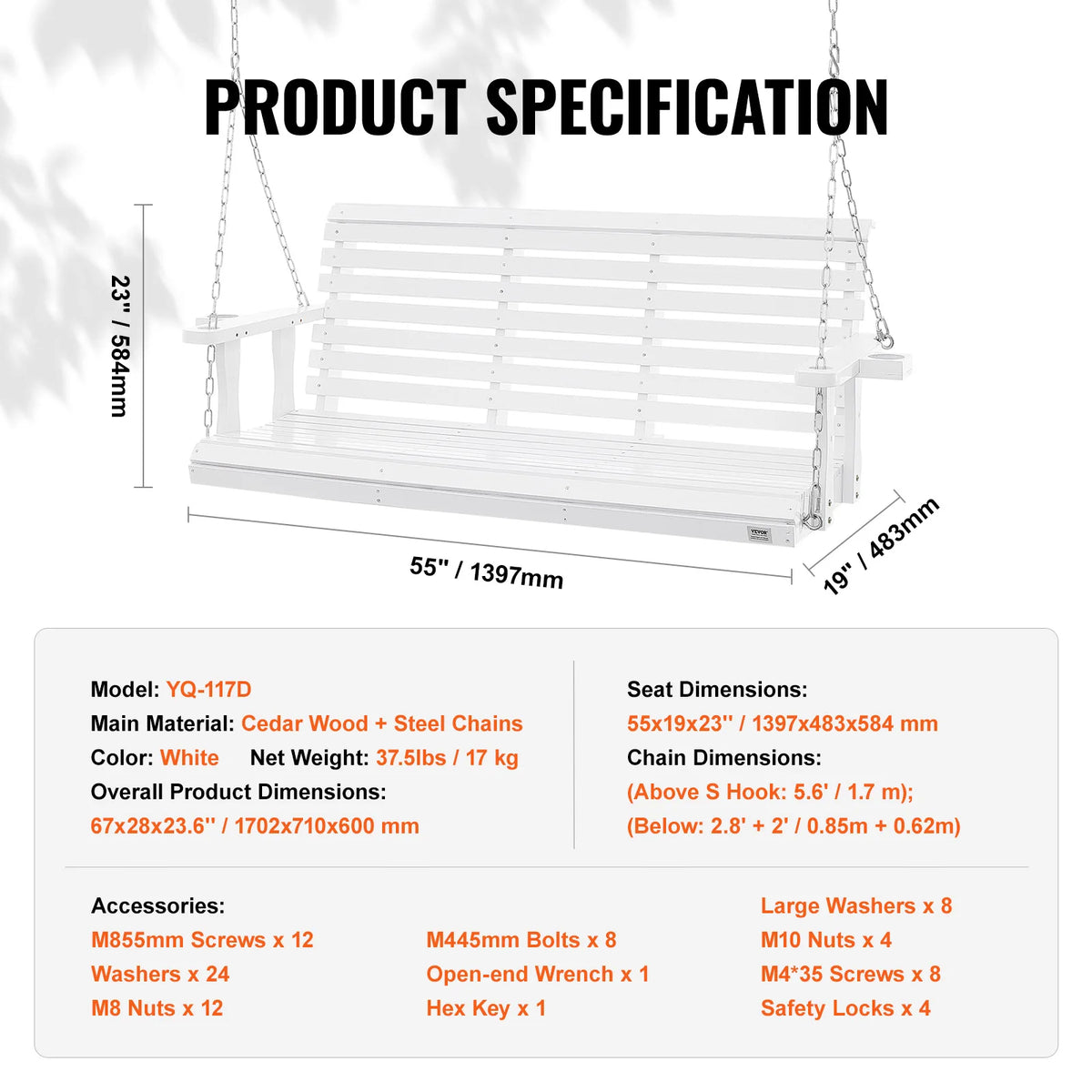 SucceBuy Cedar Wood Outdoor Porch Swing Bench With Steel Chains