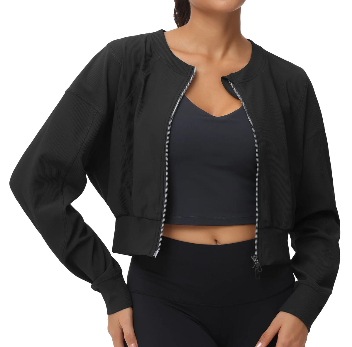 THE GYM PEOPLE Women's Cropped Full Zip Ribbed Workout Jacket