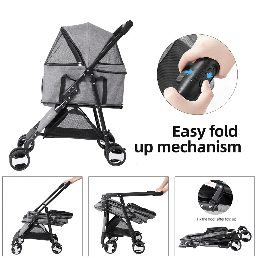 Foldable Pet Stroller With 360 Degree Wheels And Rain Cover