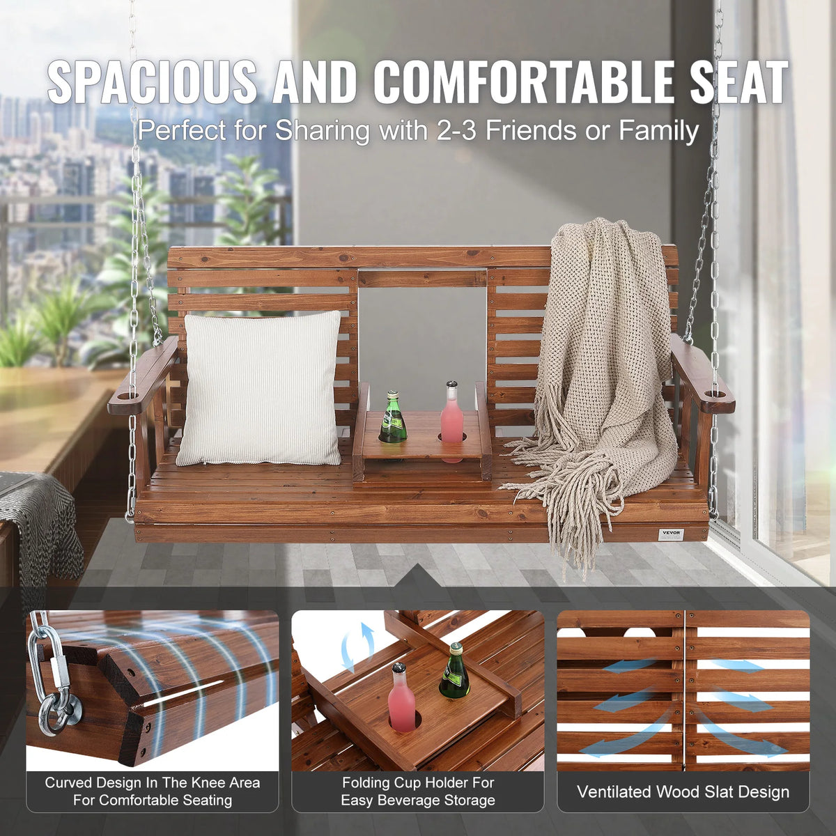 SucceBuy Cedar Wood Outdoor Porch Swing Bench With Steel Chains