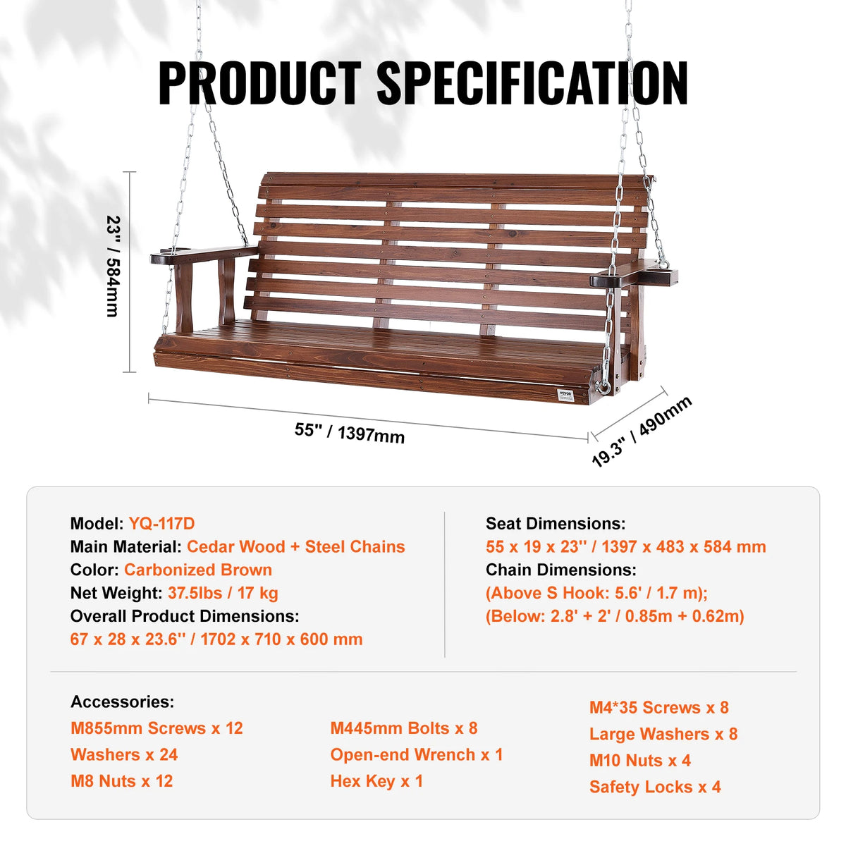 SucceBuy Cedar Wood Outdoor Porch Swing Bench With Steel Chains
