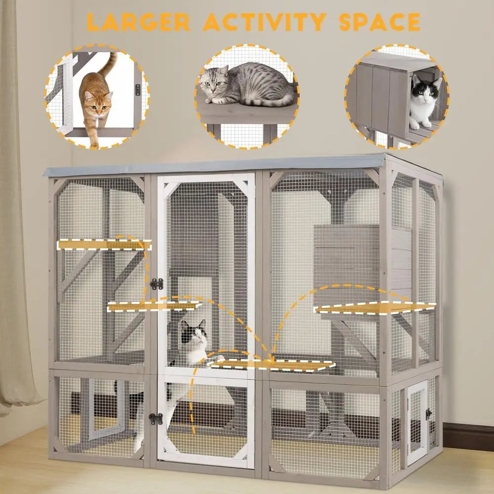 Outdoor Cat Catio Enclosure With Platforms And Resting Boxes