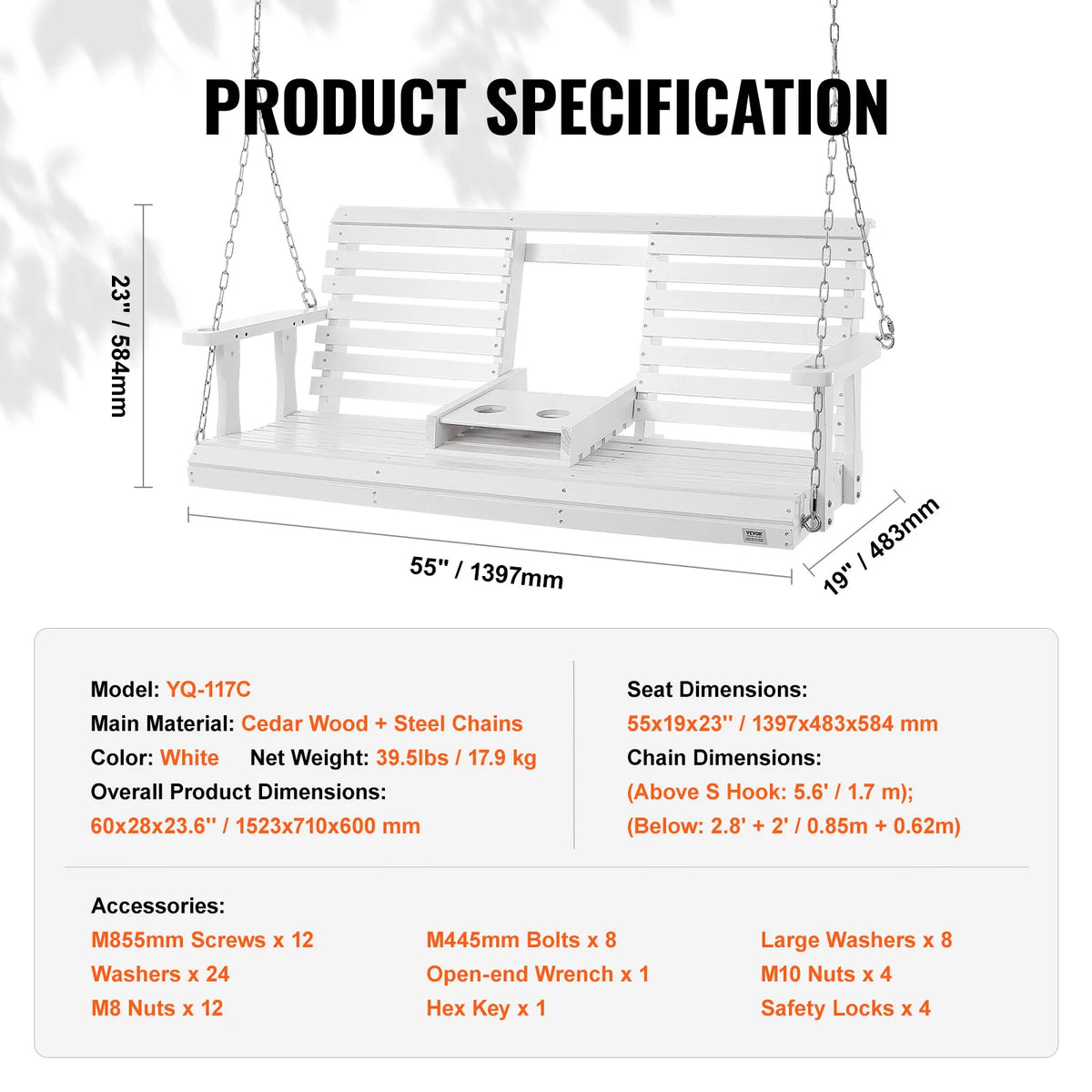 SucceBuy Cedar Wood Outdoor Porch Swing Bench With Steel Chains