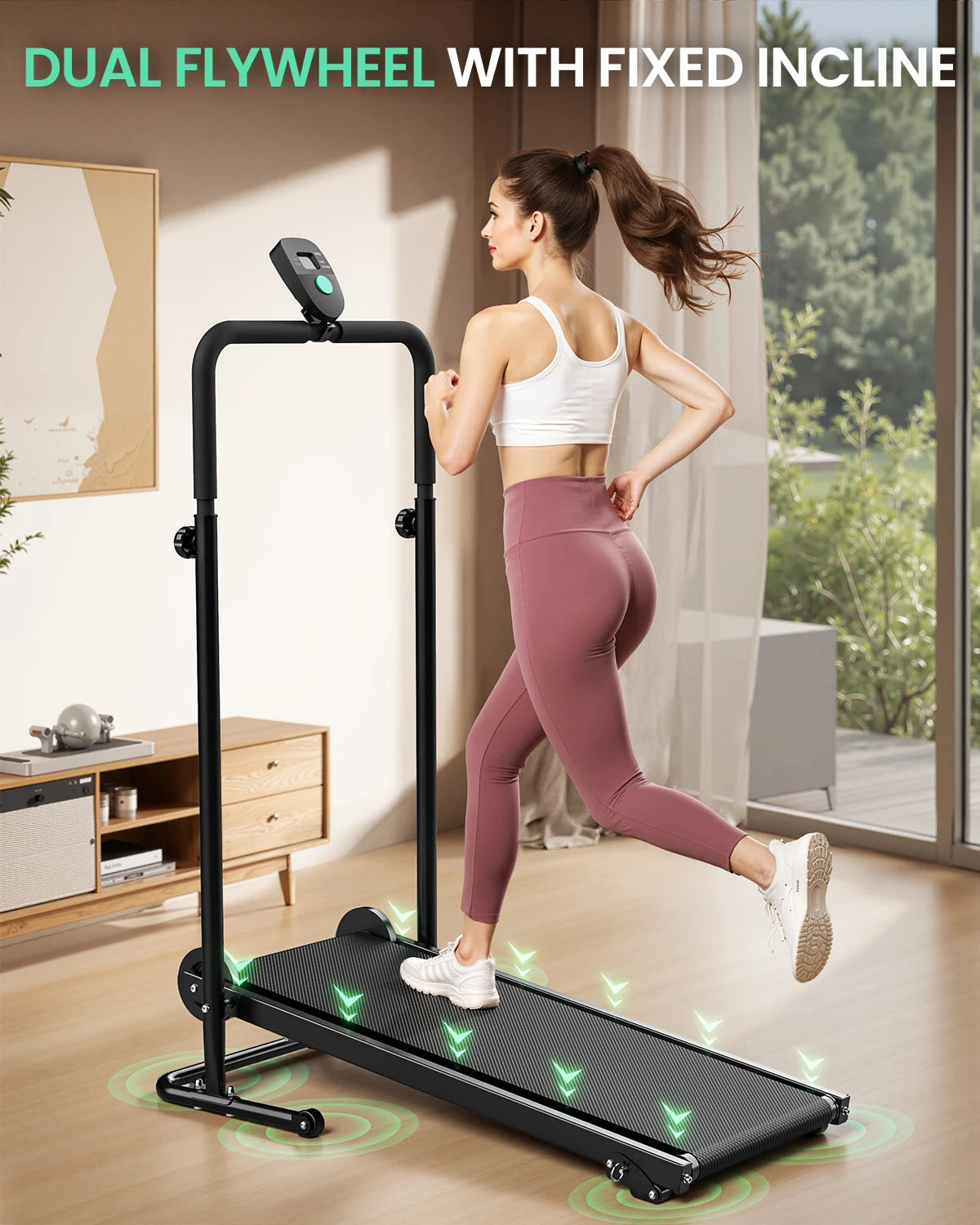 AKLUER Motorless Treadmill With Dual Flywheel Fixed Incline LCD Monitor