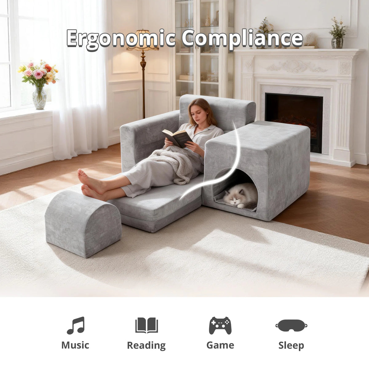5-in-1 No Assembly Pet Friendly Sofa Bed with Ottoman
